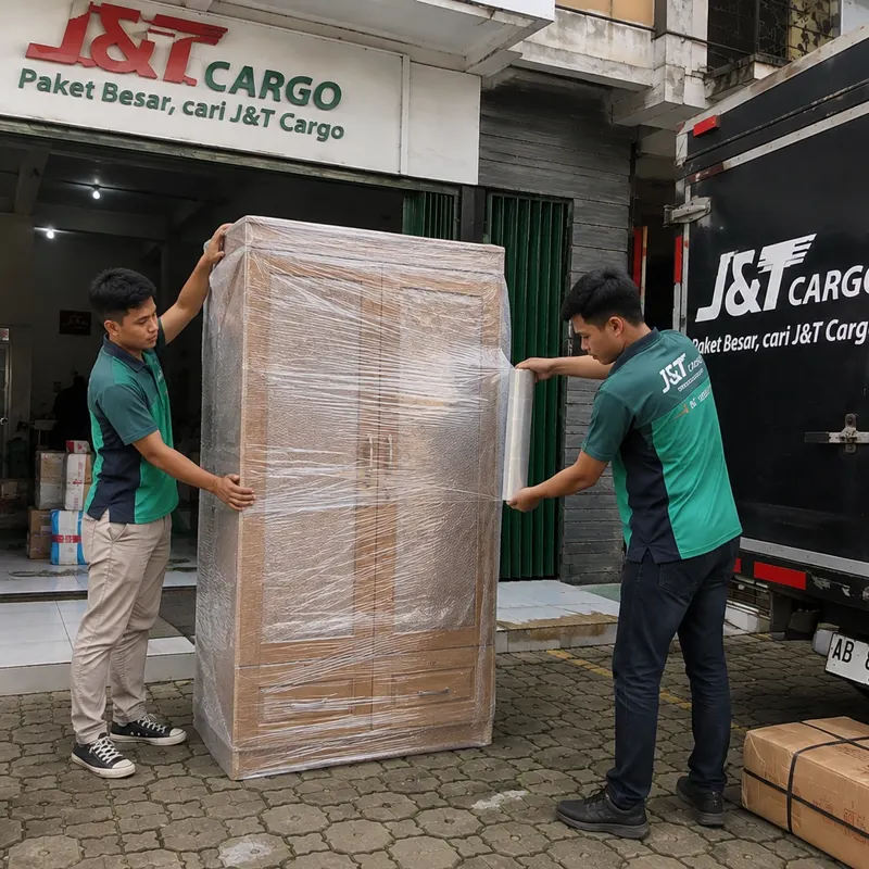 Packing lemari furniture sebelum dikirim dari Jogja ke Jakarta - Paket JNT Cargo