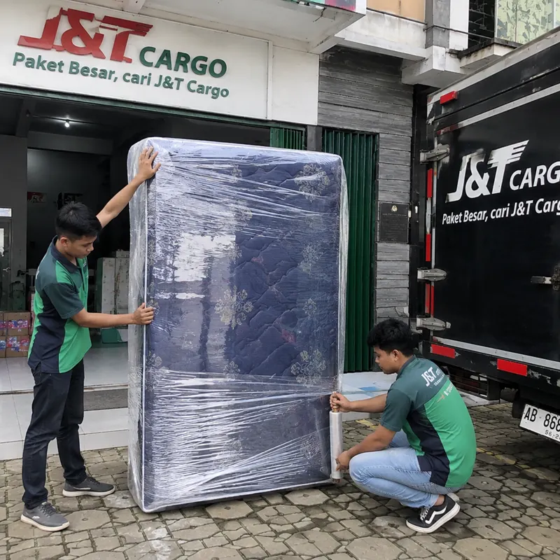 Packing kasur springbed sebelum dikirim dari Jogja ke Surabaya - Paket JNT Cargo