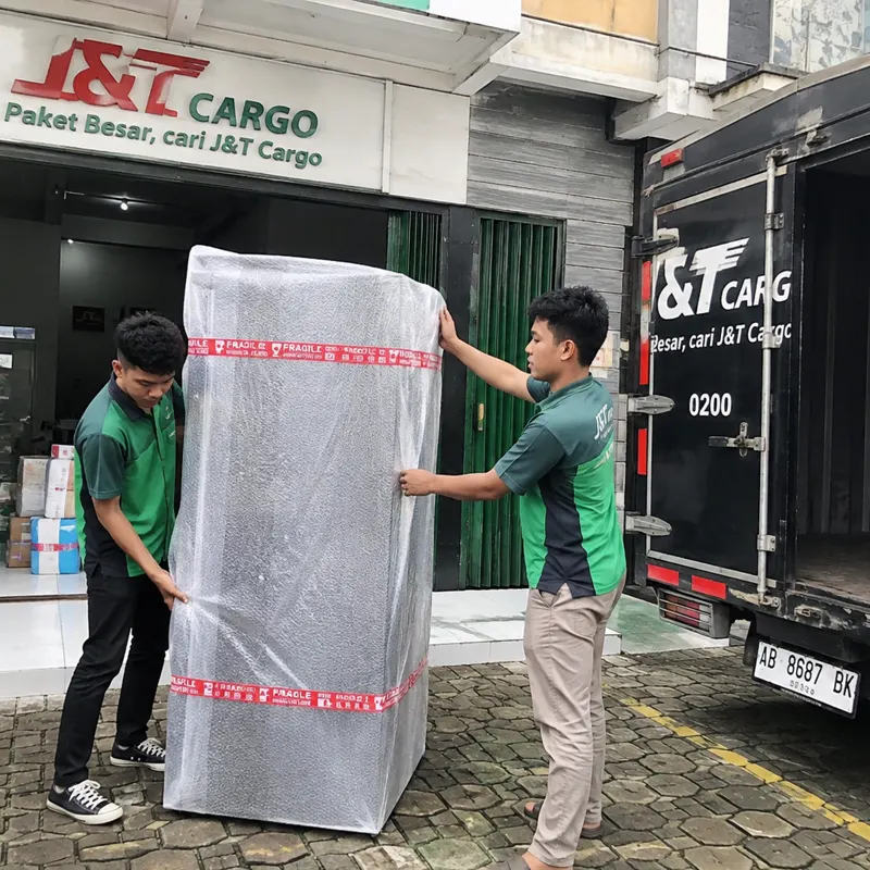 Packing kulkas sebelum dikirim dari Jogja ke Bandung - Paket JNT Cargo
